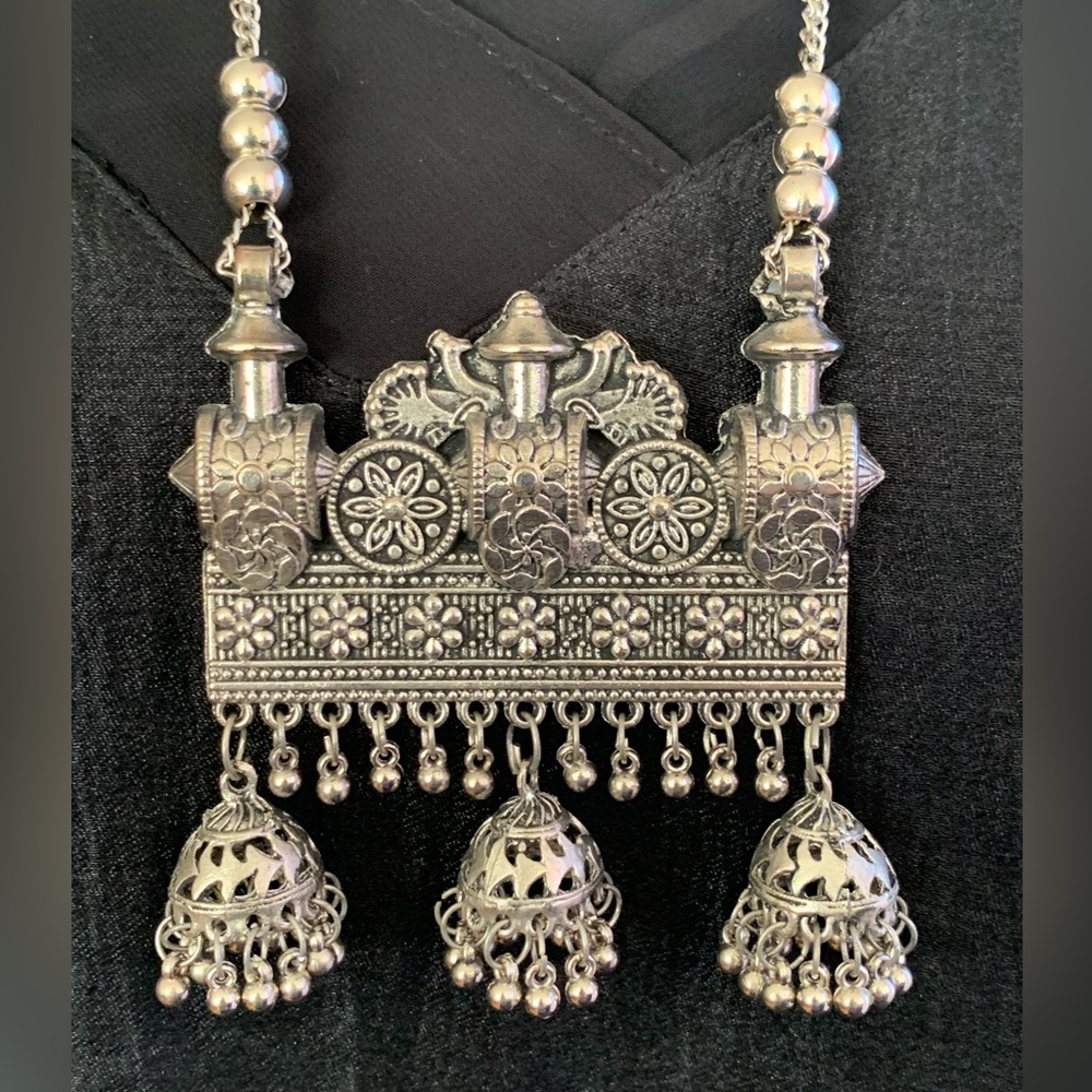 Afghani Oxidized Silver Pendant Necklace with Jhumka charms